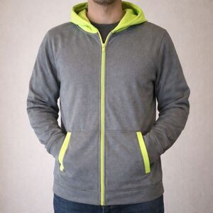 Layer 8 Sweatshirt Hoodie Mens Medium Gray Yellow Full Zip Active Long Sleeve